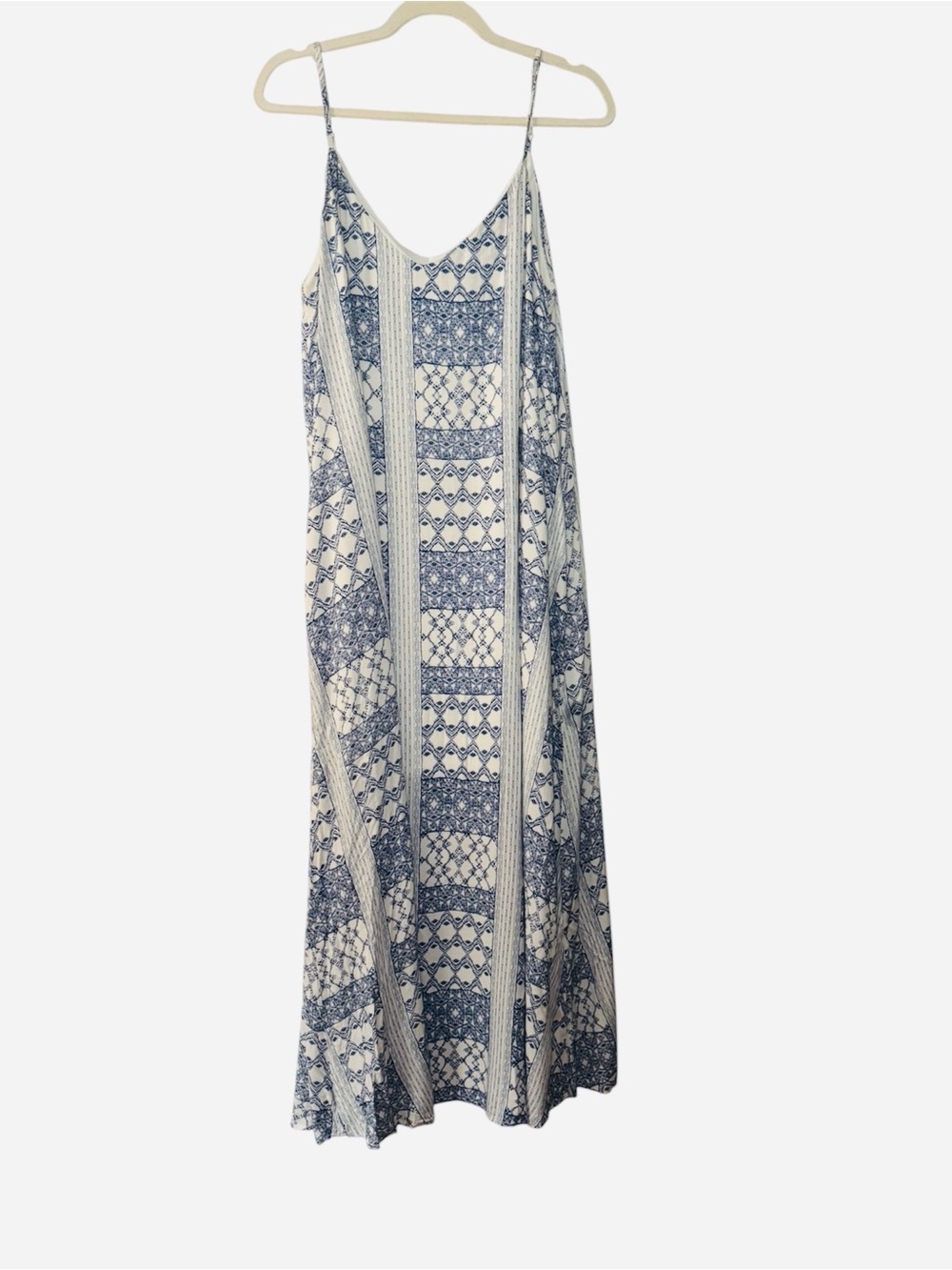 Emily Wonder Blue & White Printed Maxi Slip Dress Adjustable Straps Pockets
